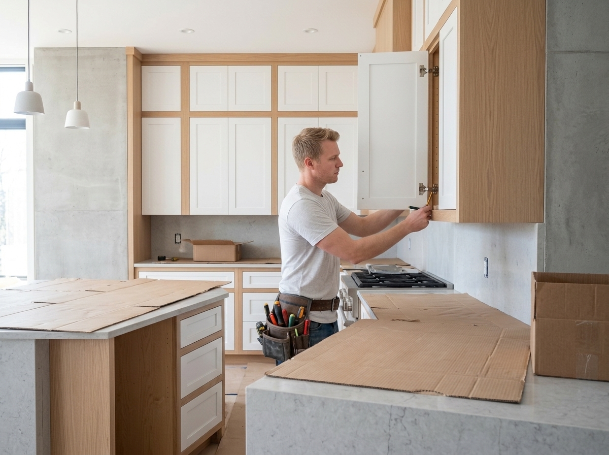 Modern kitchen and bath construction materials staged in a home