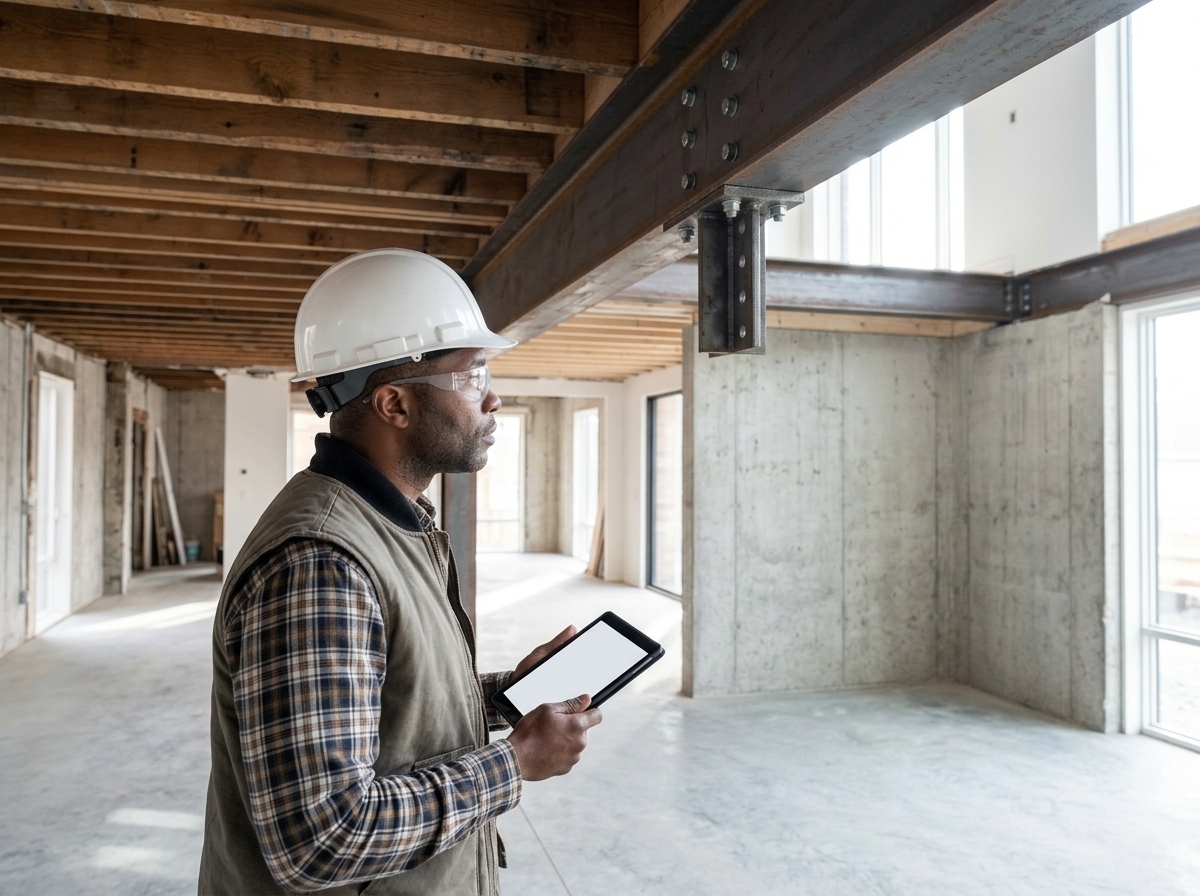 Builder inspecting a bolted steel beam connection beneath exposed floor joists