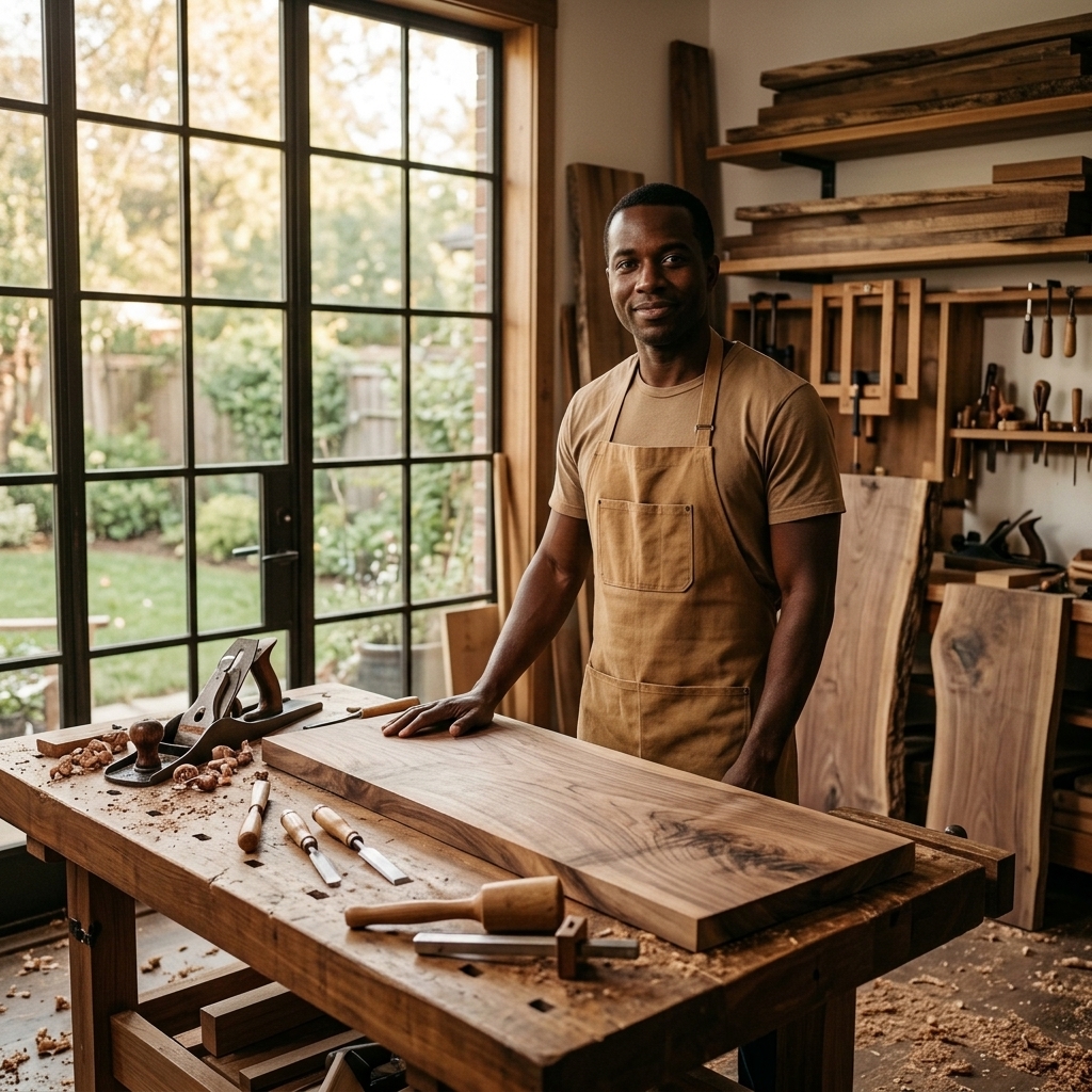 Woodworkers at benches reviewing cabinet parts in a clean shop