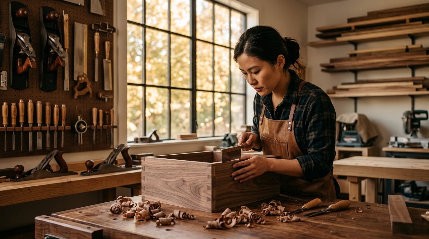 Warm workshop bench with hand tools and cabinet parts