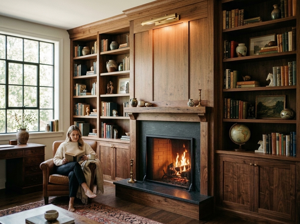 Walnut built-in shelves and mantel surrounding a fireplace in a bright library