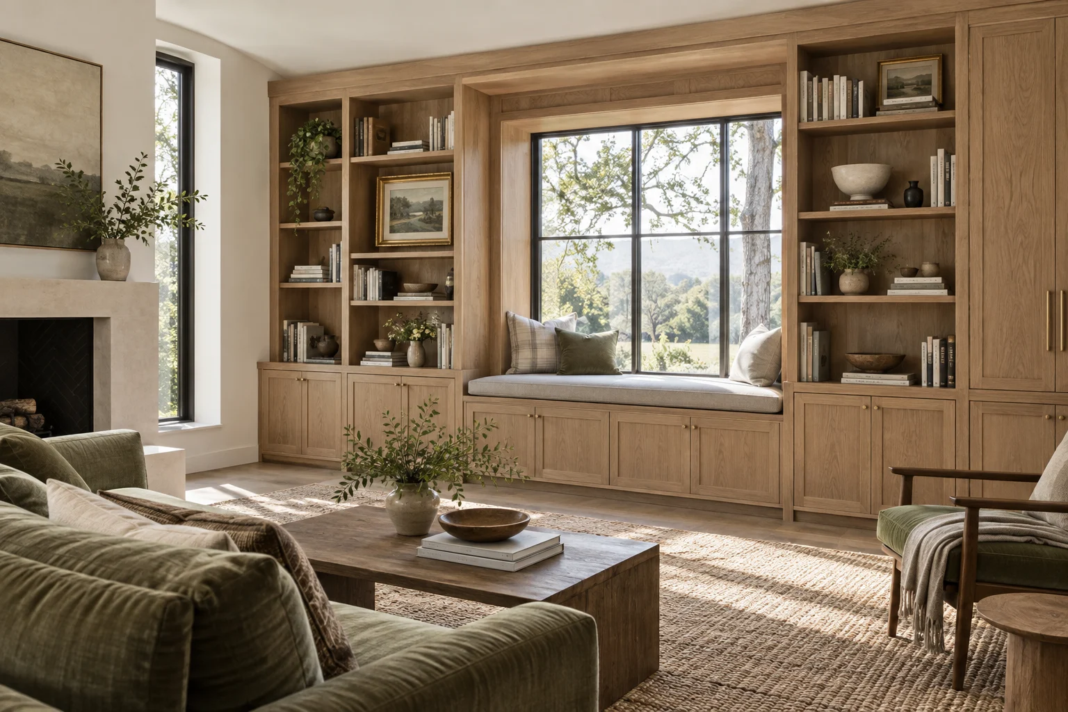 Walnut built-in shelves and mantel surrounding a fireplace in a bright library