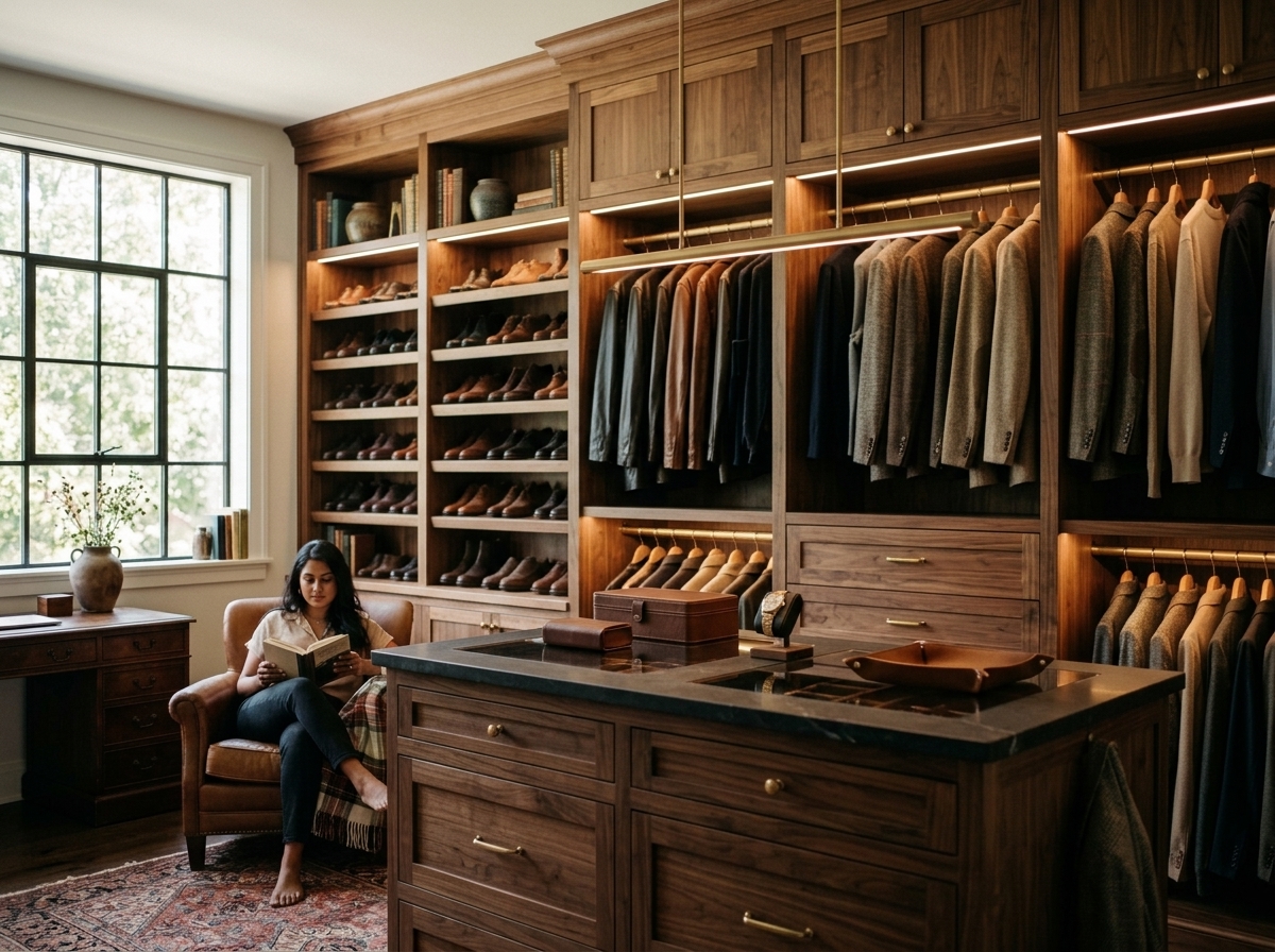 Walk-in closet with custom wood shelves and drawers