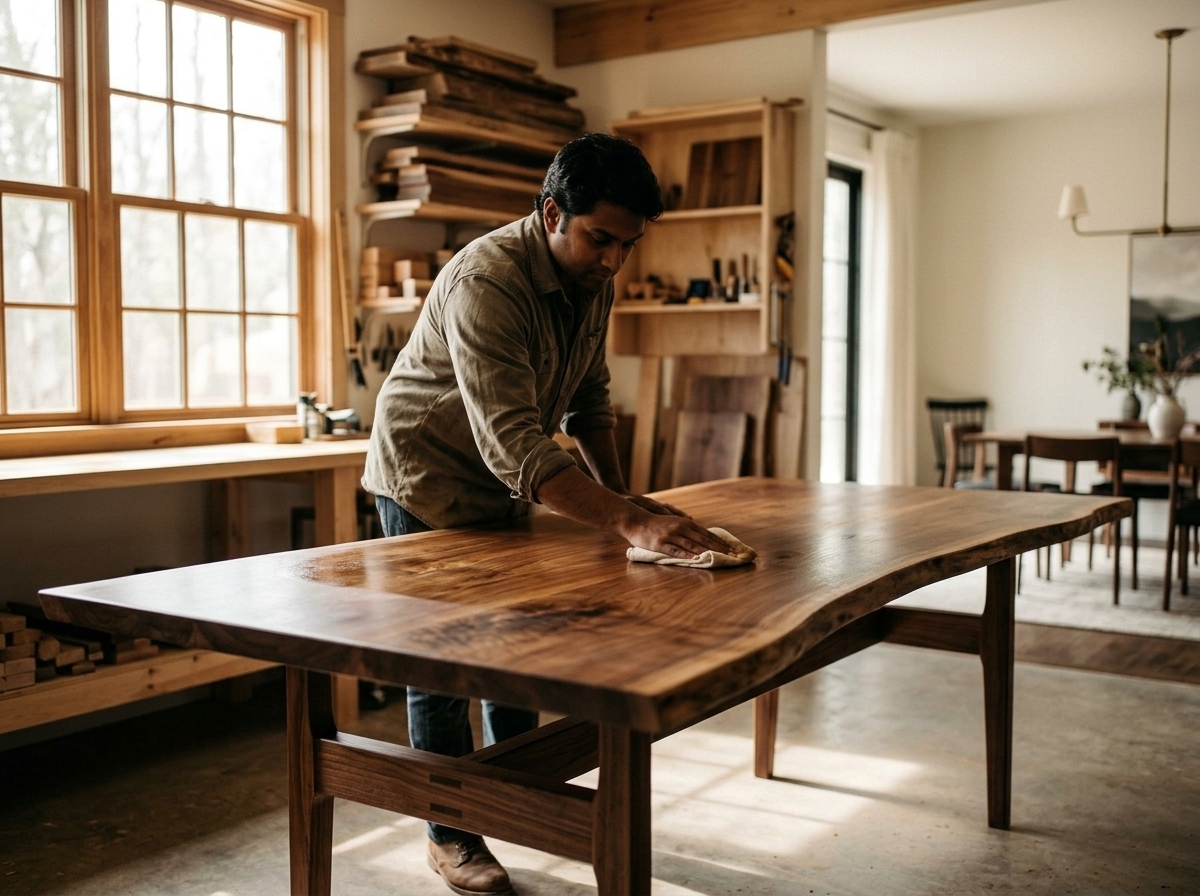Handmade wood table being finished in a workshop