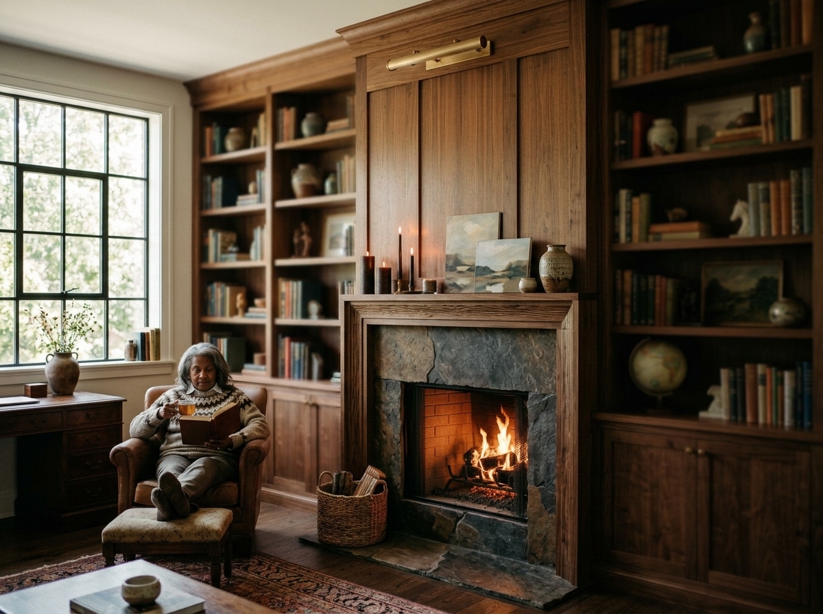 Wood mantel and paneled feature wall above a fireplace