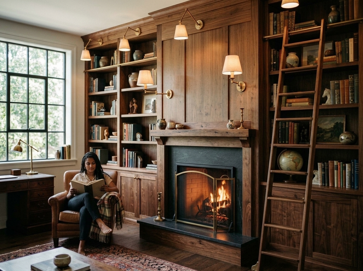 Walnut built-in bookcases around a fireplace