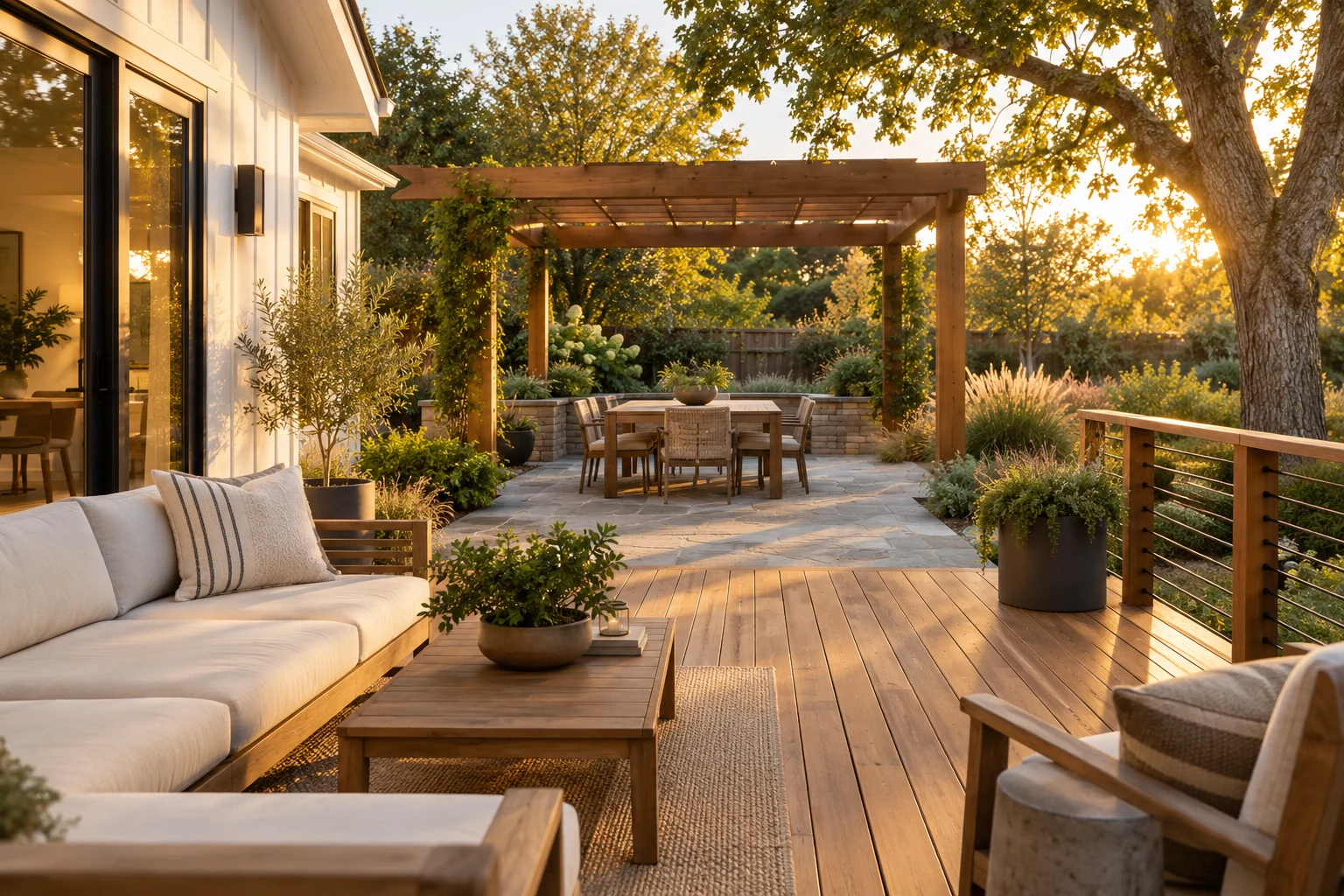 A wooden deck with cushioned seating leads to a pergola and dining patio in evening sunlight.