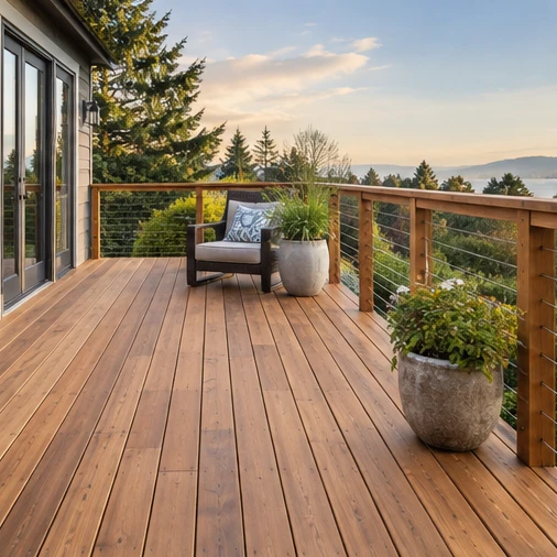 A wooden deck with cable railing, potted plants and a chair overlooks trees and water.