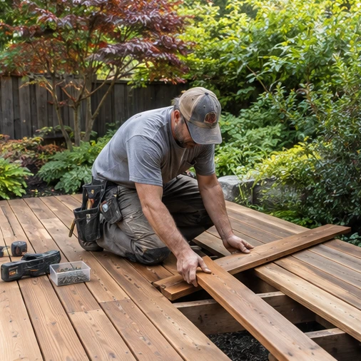 A worker kneels on a wooden deck and positions a board over exposed joists.