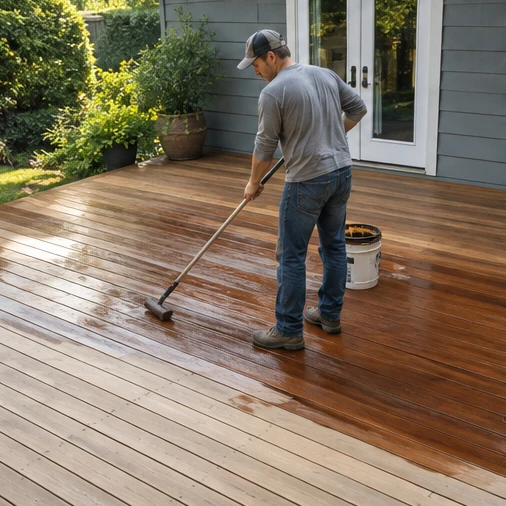A worker applies a brown coating to a wooden deck with a long-handled roller beside a house.
