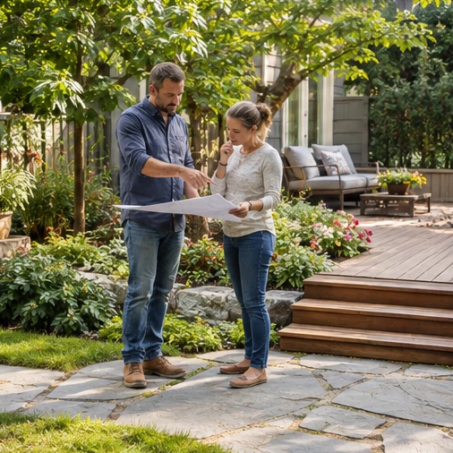 A man and woman examine a large paper plan beside a wooden deck and garden path.