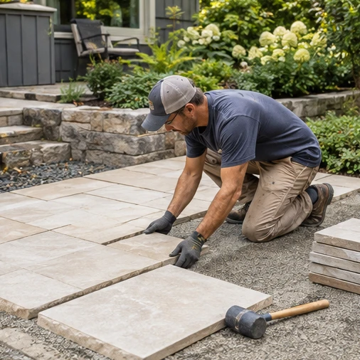 A kneeling worker places a paving slab on gravel beside a garden patio.