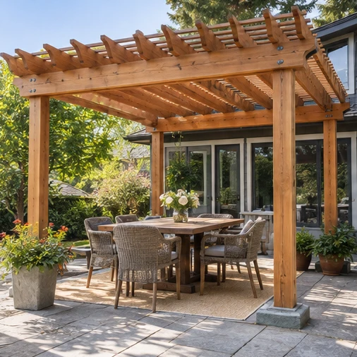 A wooden pergola covers a dining table and woven chairs on a paved patio beside a house.