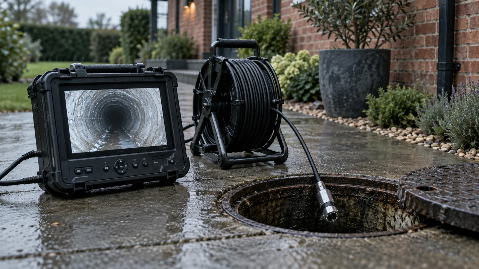 Drain inspection monitor and cable beside an outdoor residential sewer access