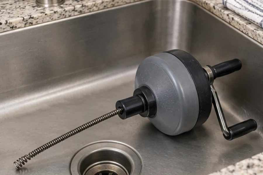 A hand-cranked drain auger rests in a stainless steel kitchen sink with its cable extended.
