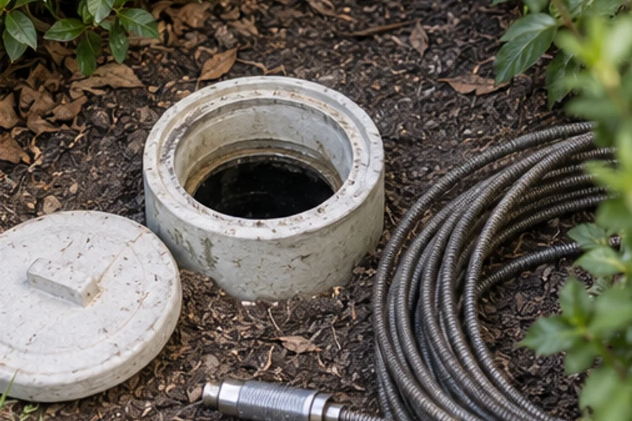 An open outdoor drain access point sits beside its lid and a coiled metal drain cable.