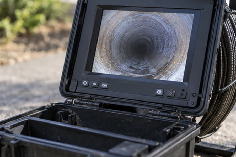 A portable inspection monitor displays the inside of a pipe in an open equipment case outdoors.