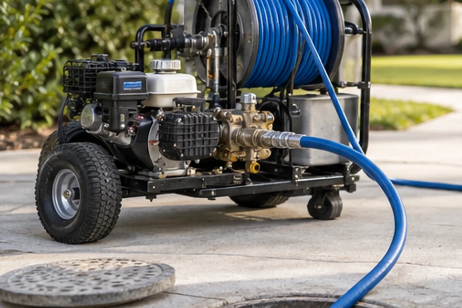 A wheeled engine-powered pump with a blue hose reel stands beside an open drain and removed cover.