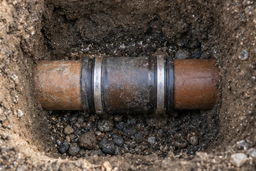 An exposed underground pipe has a central coupling held by metal bands in a dug-out hole.