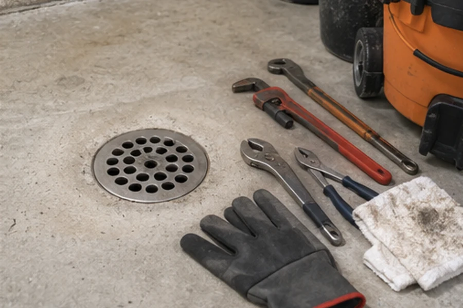 Wrenches, pliers, gloves, a rag, and a wet vacuum lie beside a round floor drain.