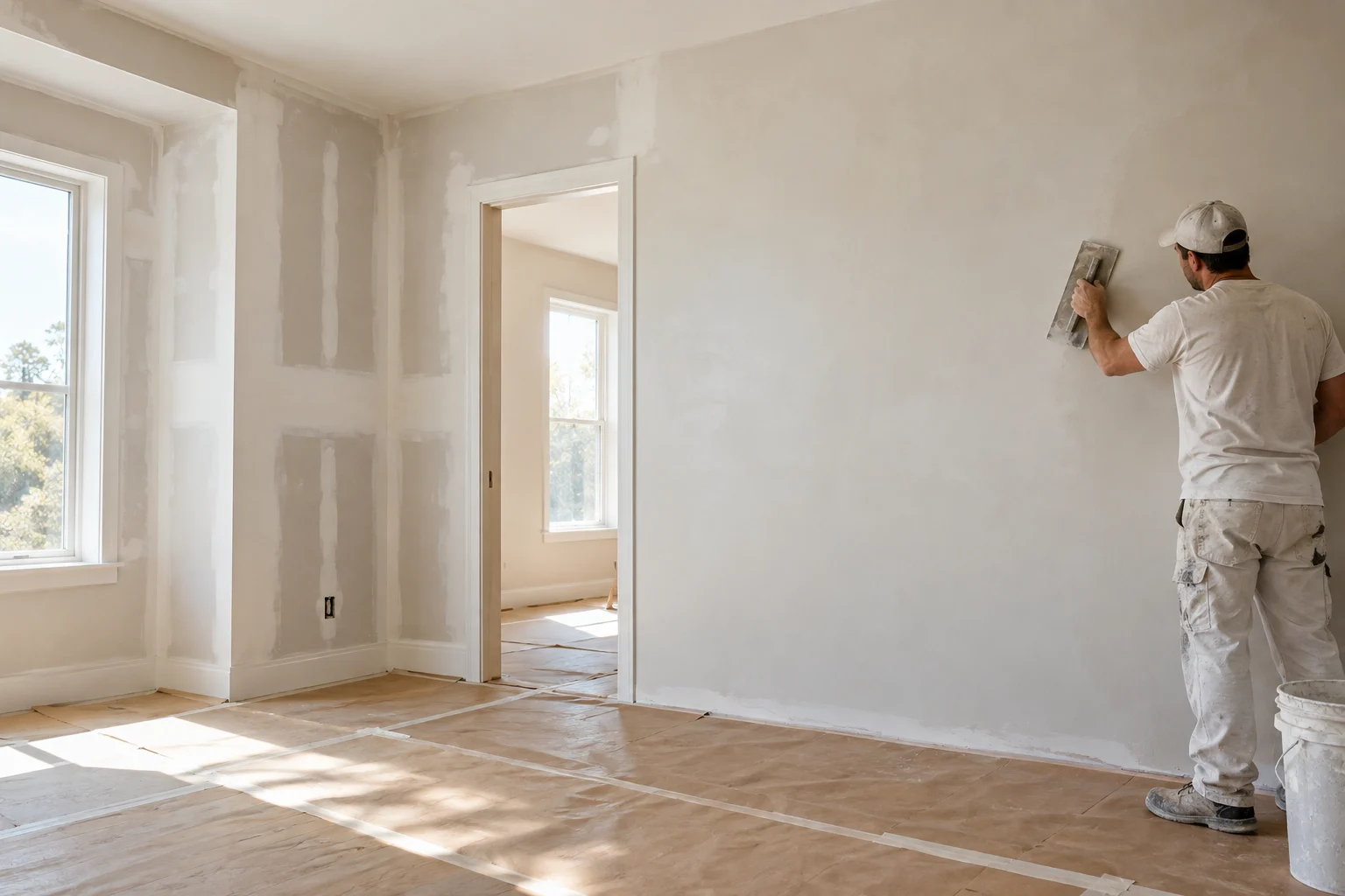 A worker smooths a wall with a trowel in a room with patched drywall and protective paper on the floor.