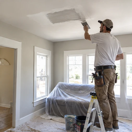 A worker stands on a stepladder and spreads compound over a ceiling patch above covered furniture.