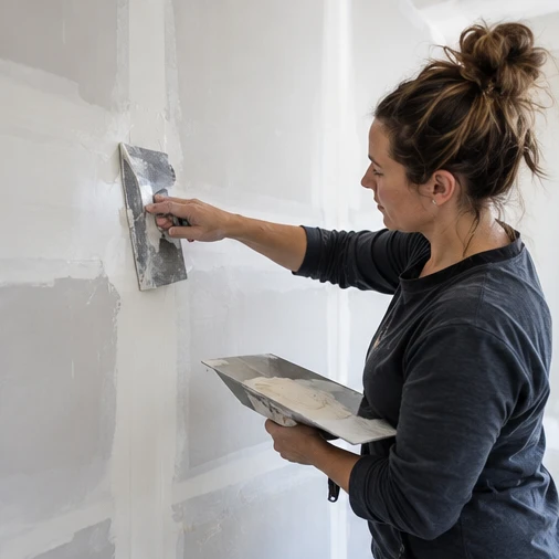 A worker spreads joint compound on an unfinished wall with a trowel.