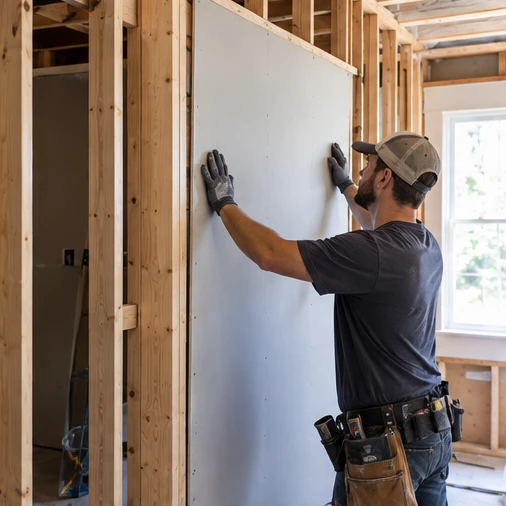 A worker holds a drywall panel against exposed wooden wall framing inside a house.