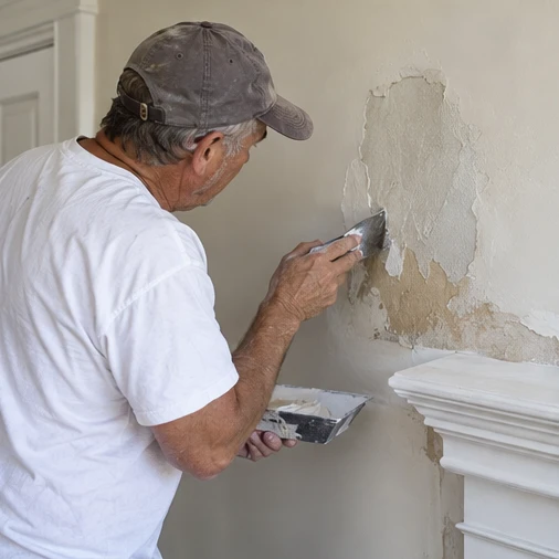 A worker uses a putty knife to patch a peeling interior wall beside a white mantel.