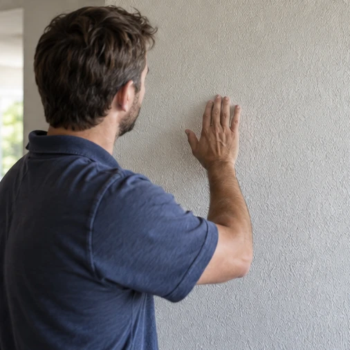 A man rests his hand against a textured white wall indoors.