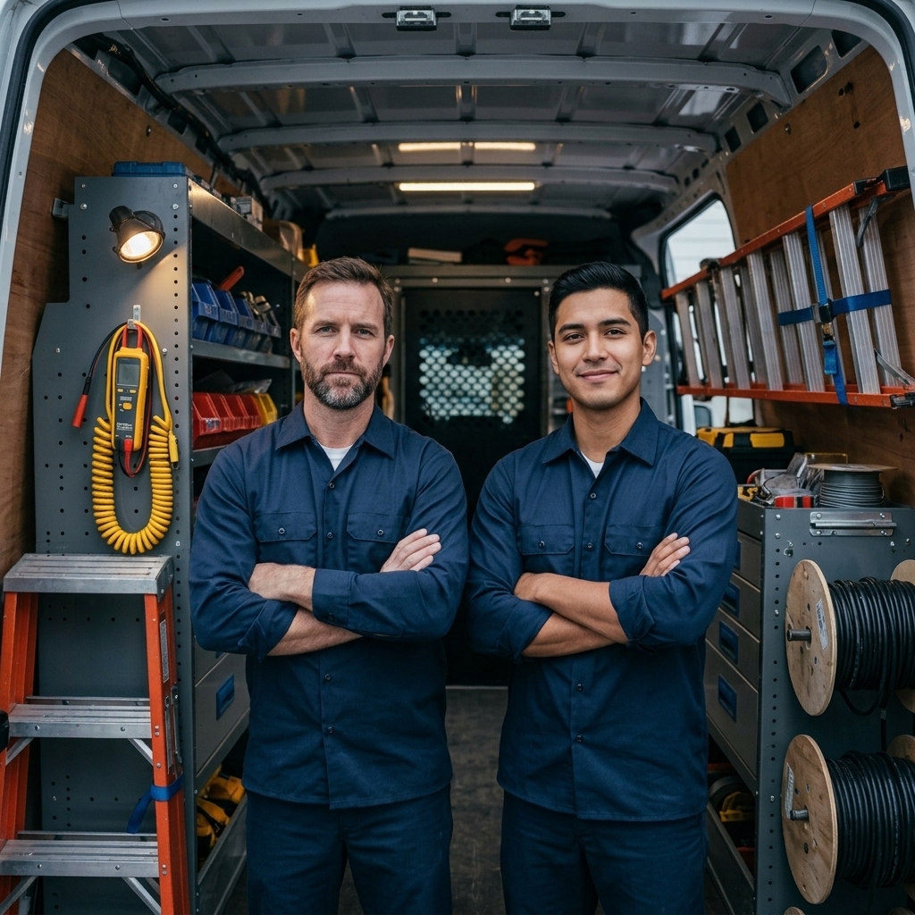 Two electricians reviewing a labeled service panel