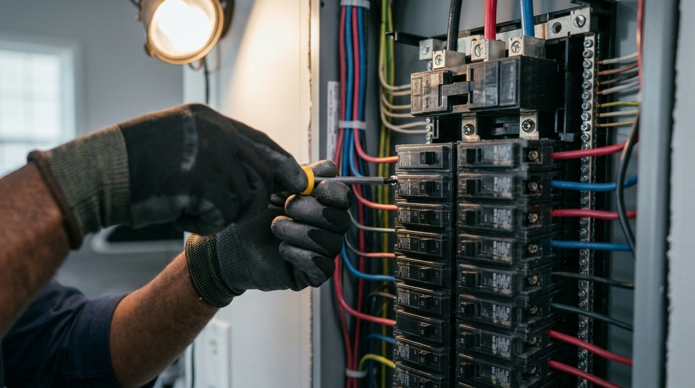Electrician checking a finished breaker panel with a handheld tester