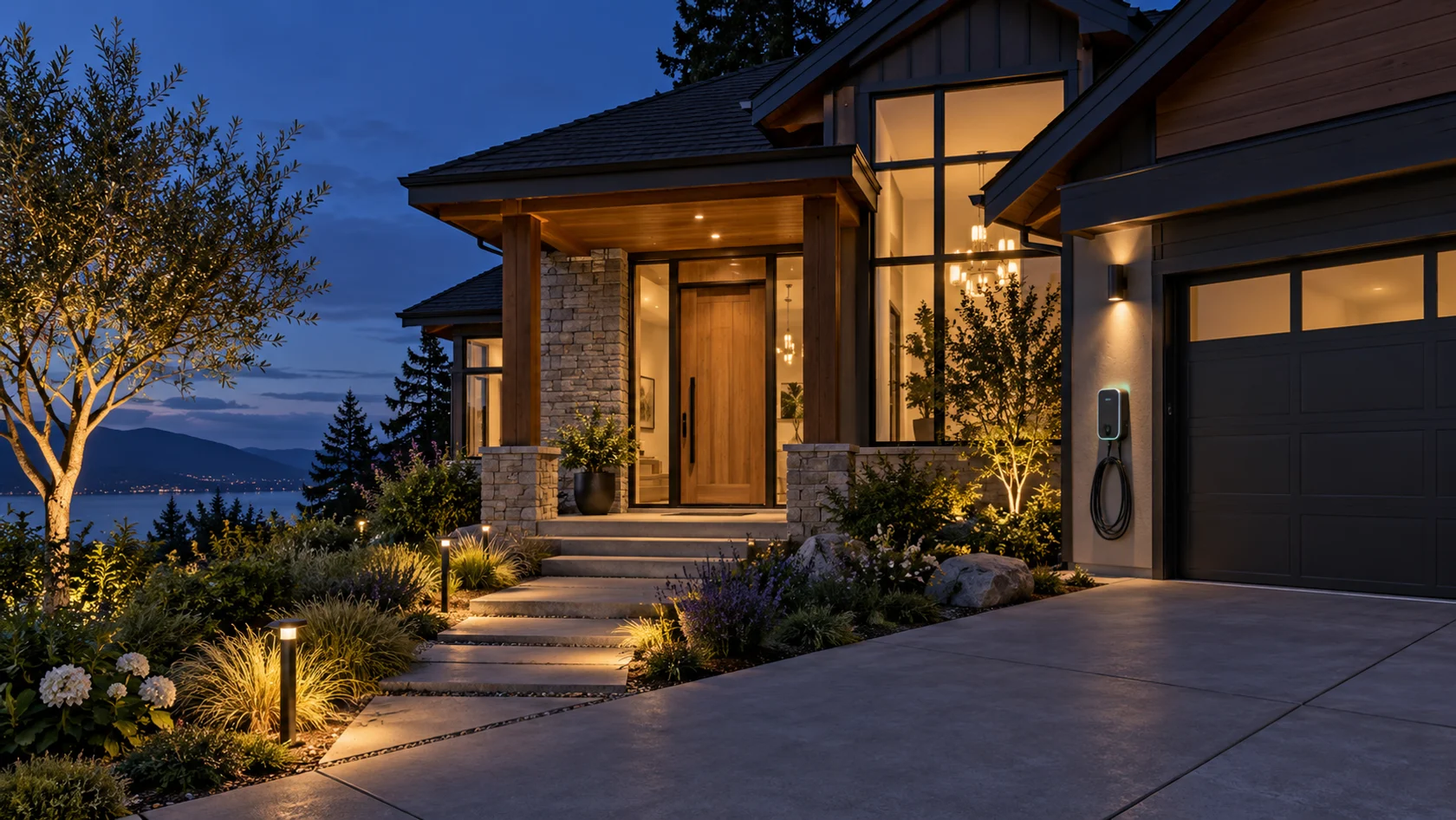 Contemporary home with warm exterior lighting and an electric vehicle wall charger