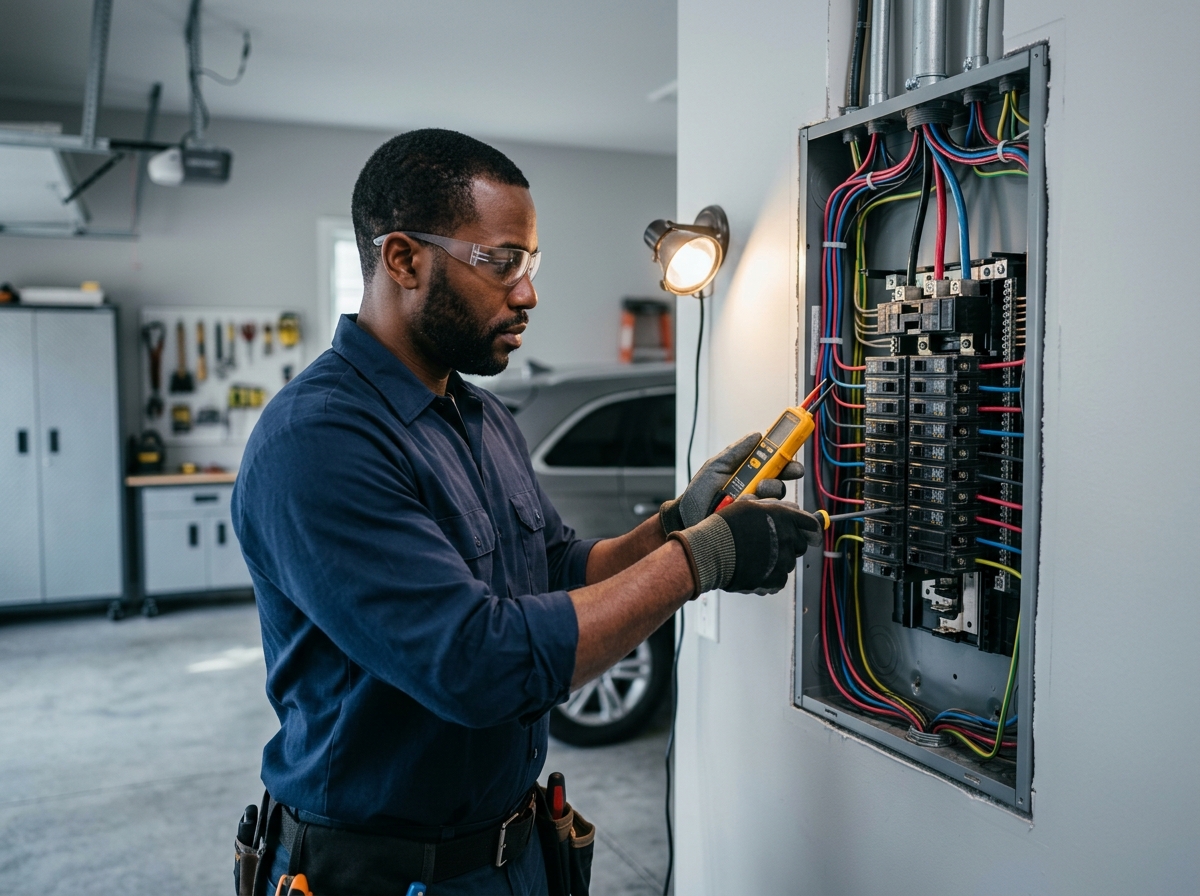 Electrician testing a residential breaker panel with organized wiring