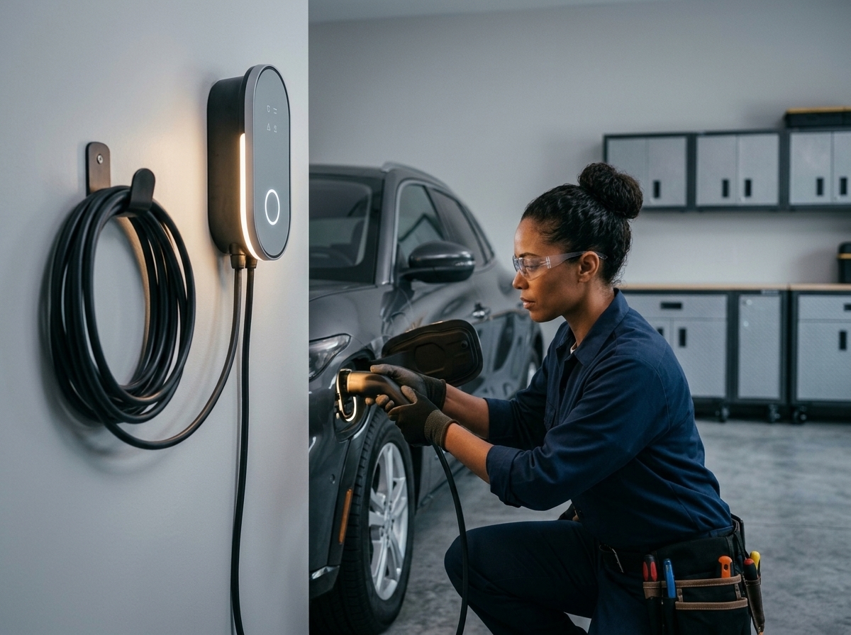 Wall-mounted EV charger installed beside a garage
