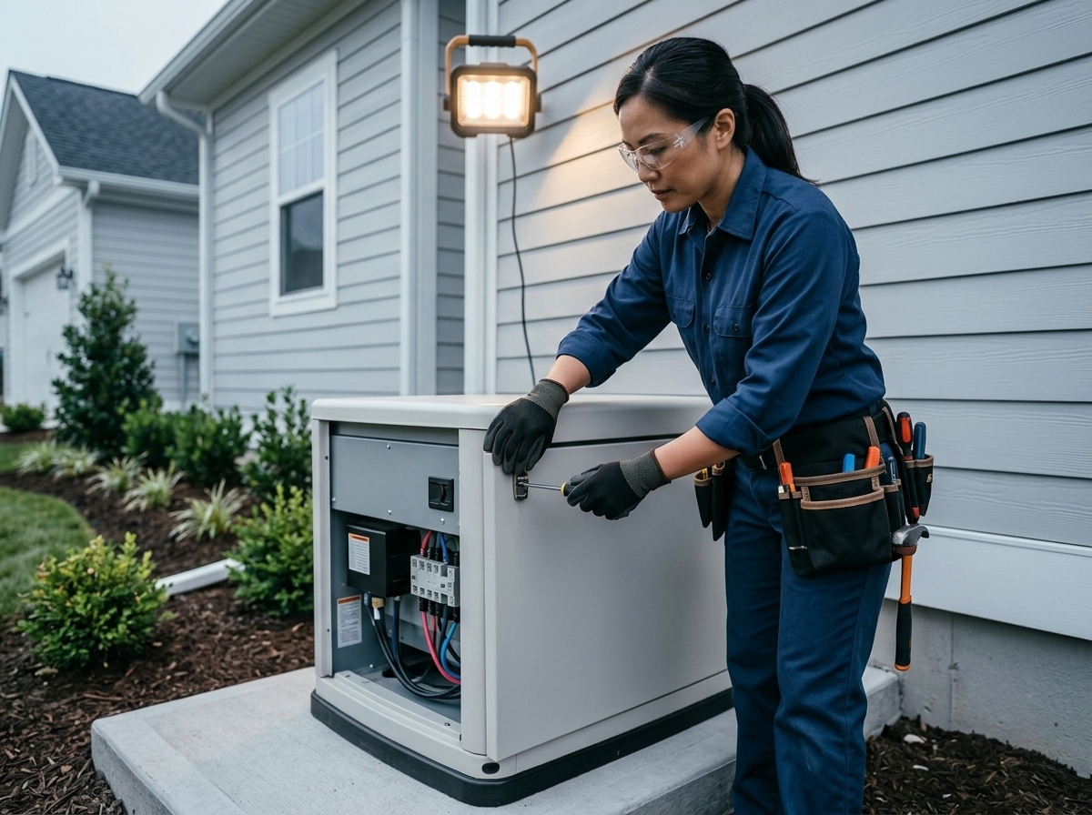 Backup generator installed on a concrete pad beside a home