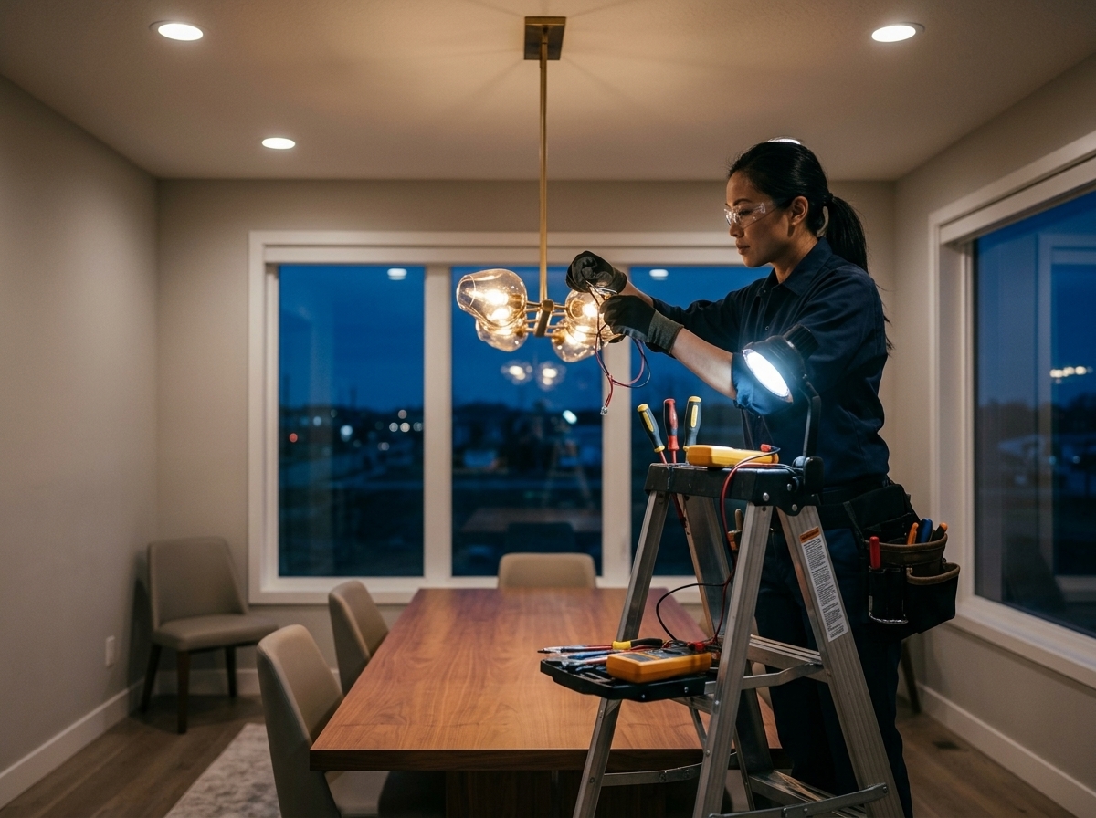 Electrician installing recessed lighting in a bright room
