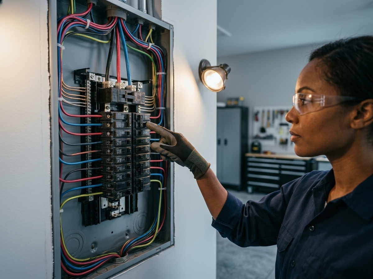 Electrician installing a clean residential electrical panel