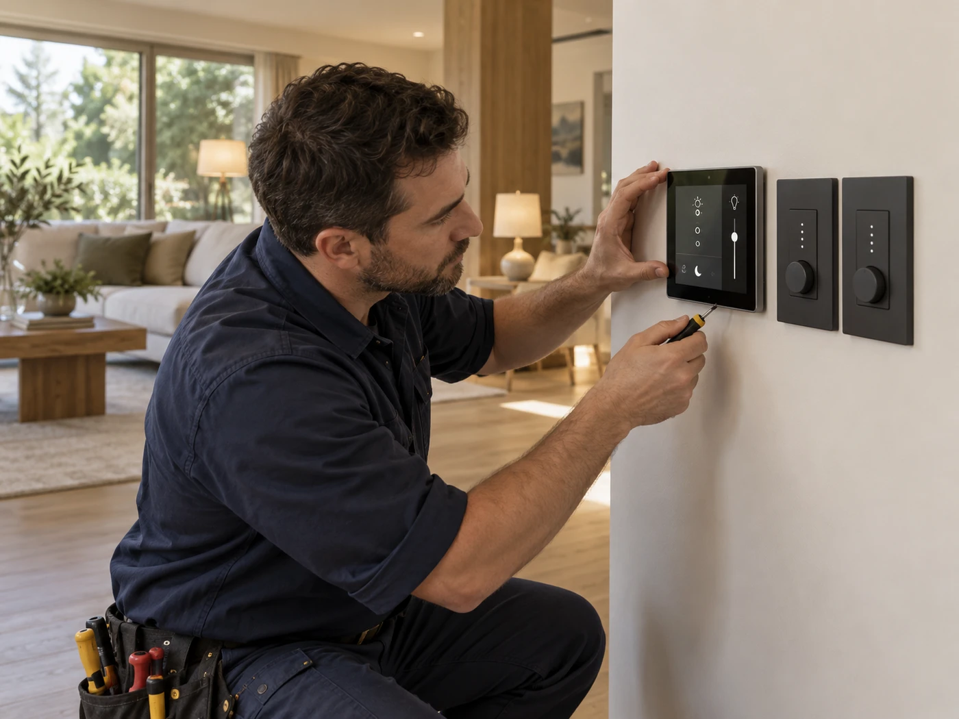 Electrician aligning a wall-mounted smart home control and dimmer switches