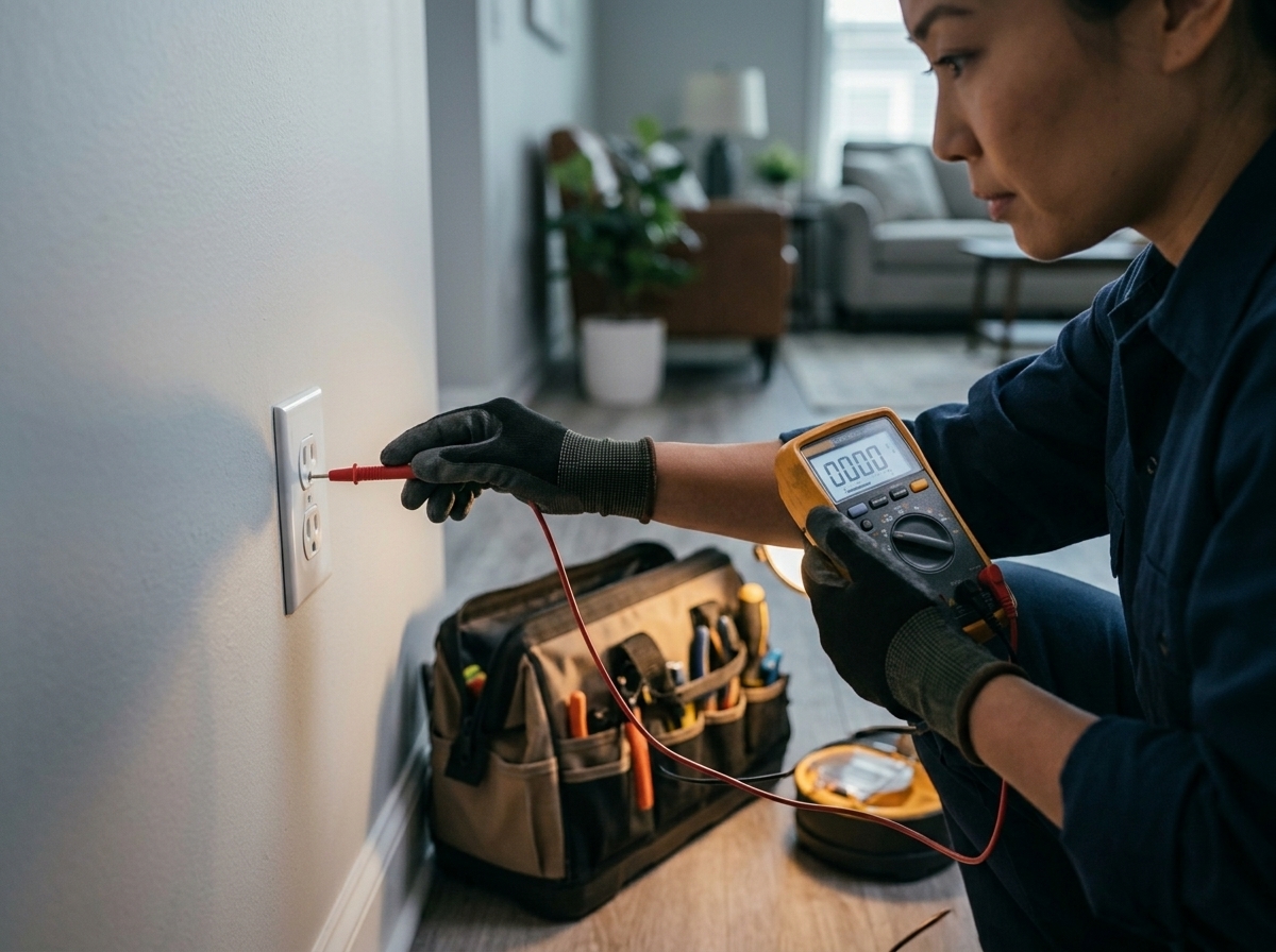 Electrician using a tester at an outlet during diagnostics