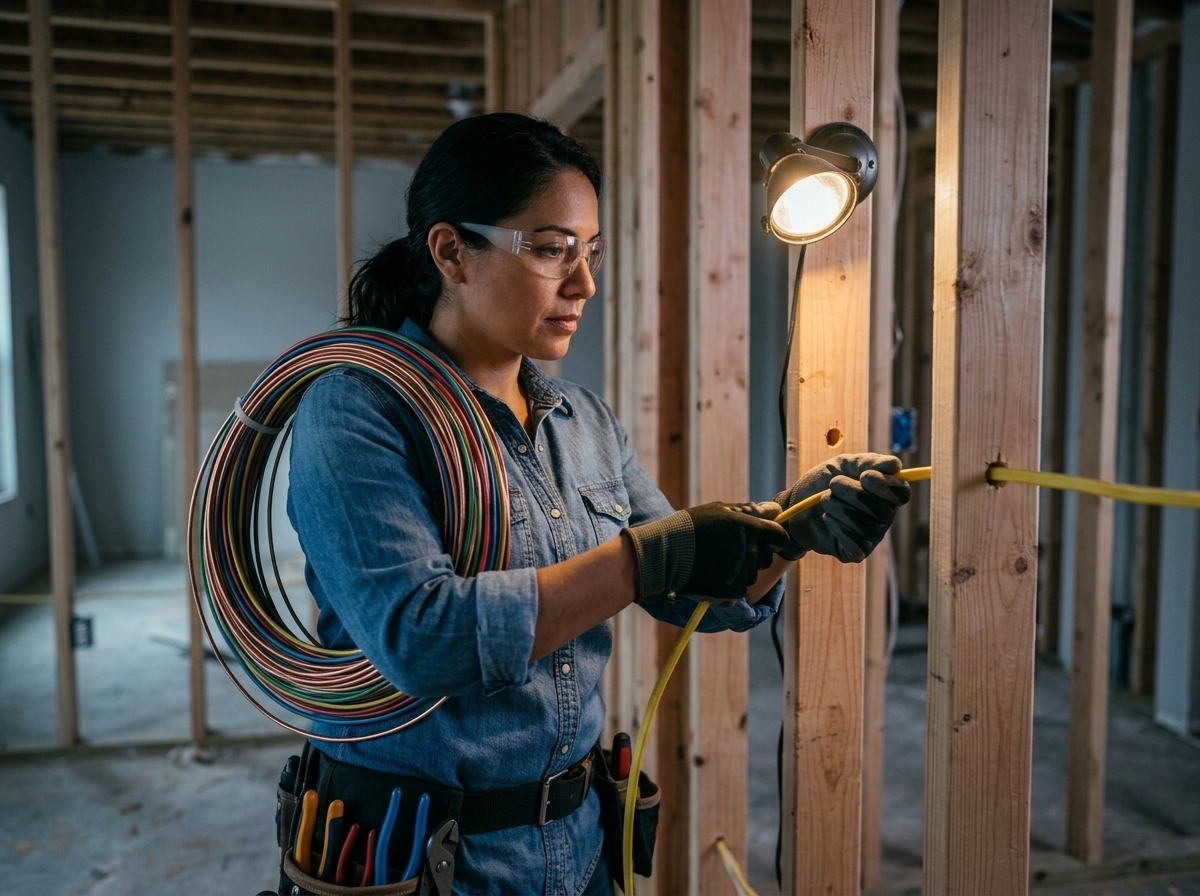 Organized electrical wiring being routed through wall framing