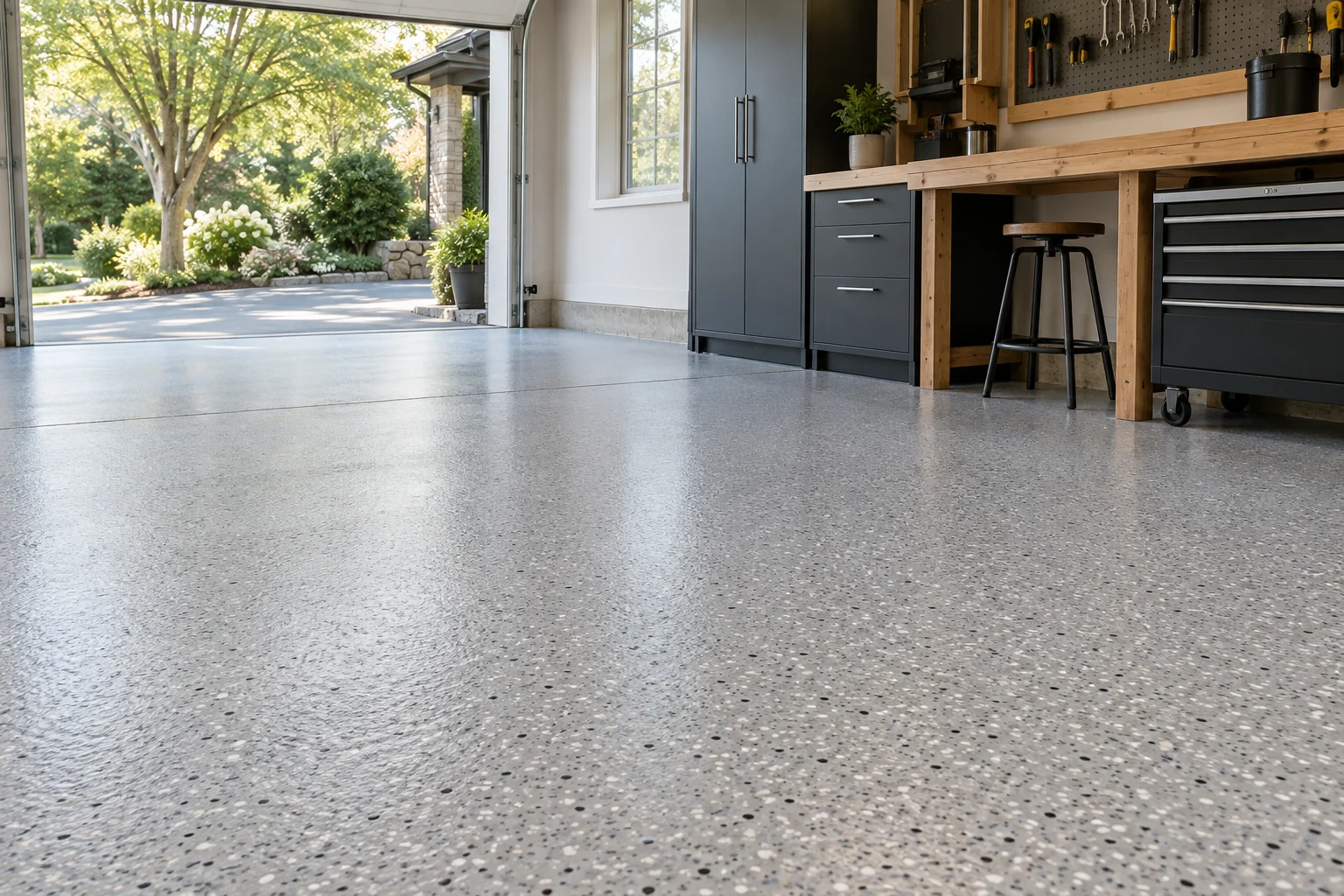 A garage has a gray speckled floor, storage cabinets, a wooden workbench and an open overhead door.