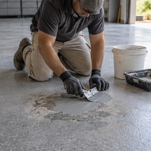 A kneeling worker smooths a patch in a concrete floor with a trowel.