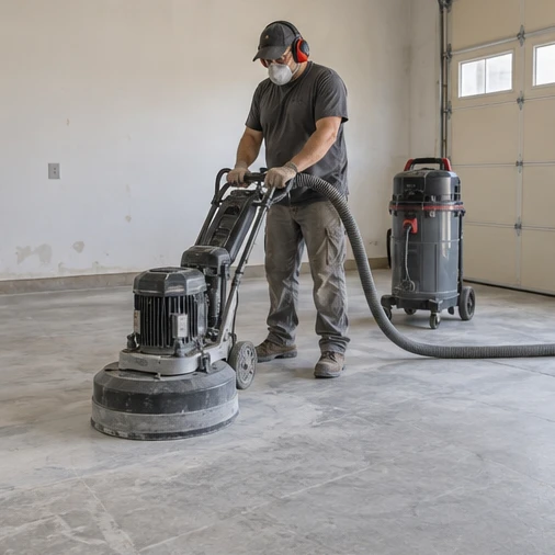 A worker operates a floor grinder connected to a dust extractor in a garage.