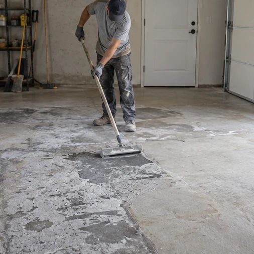A worker uses a long-handled tool to spread gray material across a patchy garage floor.