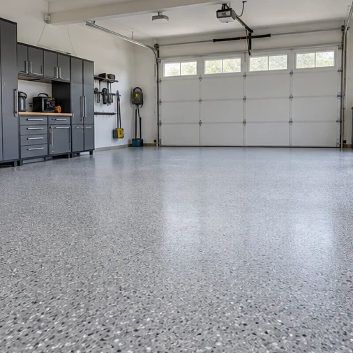 A garage has a speckled gray floor, dark storage cabinets, and a closed sectional door.