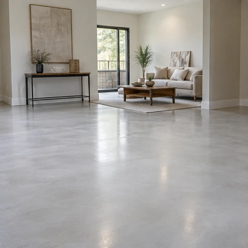 A smooth gray floor extends through a bright room into a sitting area with a sofa and coffee table.