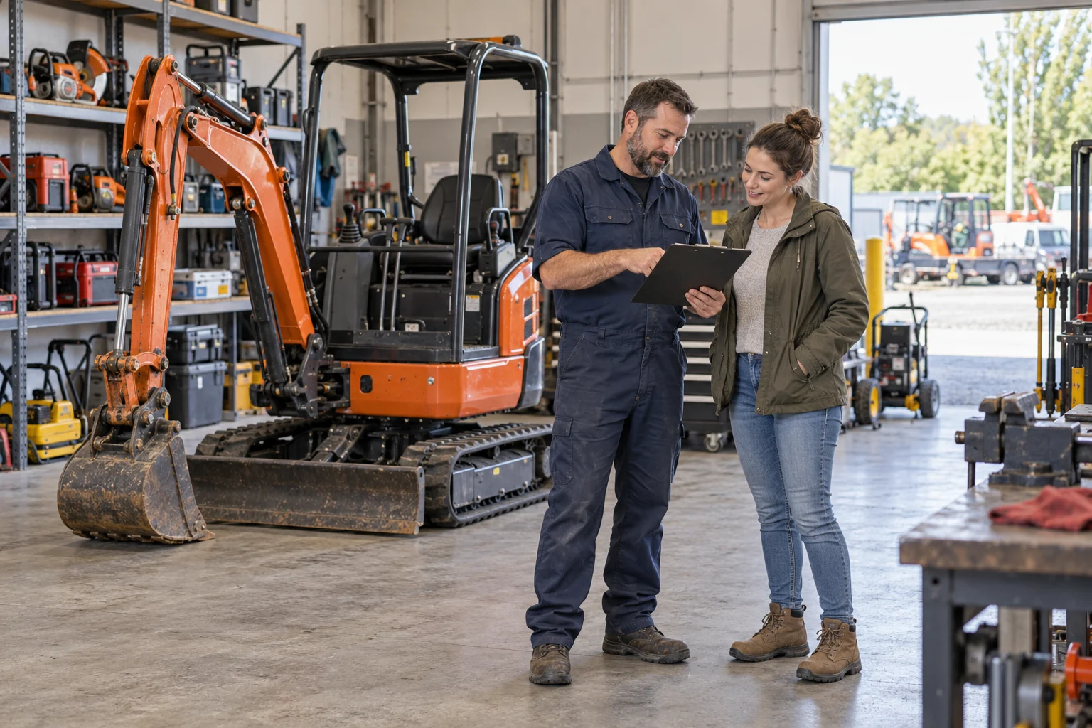 A worker and customer review a clipboard beside a compact excavator in an equipment workshop.