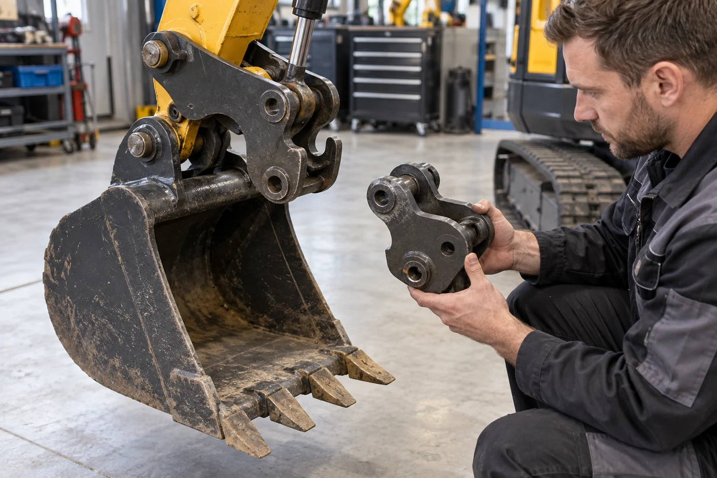 A mechanic holds a metal attachment beside an excavator bucket in a workshop.