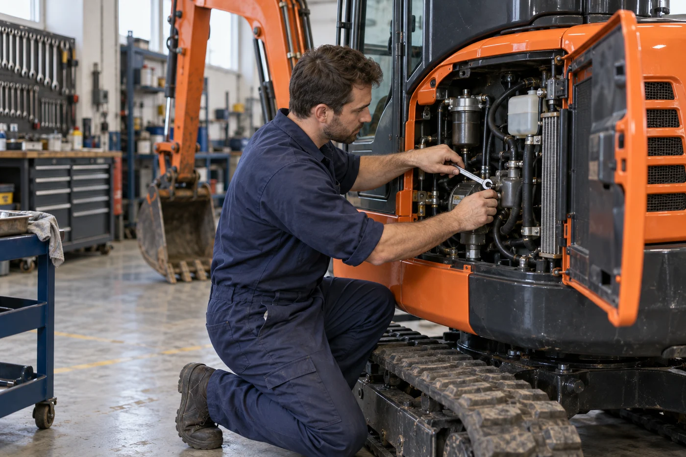 A mechanic kneels beside an orange tracked excavator and works inside its open engine compartment.